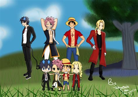 Natsu, Luffy, Edward,Rin crossover picture by Tashamaria19 on DeviantArt