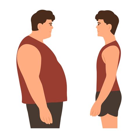 Young man with overweight and slim body in sportswear. Before and After Weight Loss. Vector ...