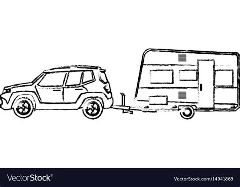 Suv car camper trailer travel transport sketch Vector Image