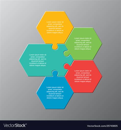 Five pieces puzzle jigsaw hexagonal info graphic Vector Image