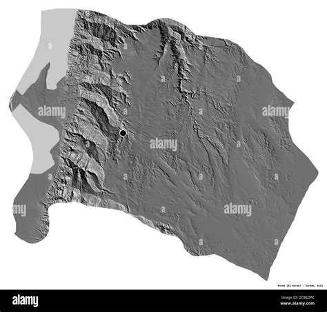 Shape of Karak, province of Jordan, with its capital isolated on white background. Bilevel ...