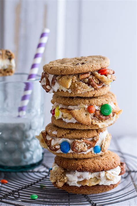 Peanut Butter Cookie Ice Cream Sandwiches With M&M's and Pretzels | Mouthwatering Doesn't Begin ...