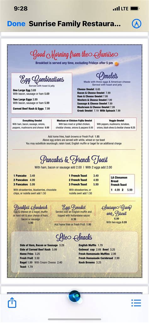 Menu at Sunrise Restaurant, Dansville