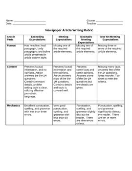 Newspaper Article Writing Rubric by Crystal's Creations | TPT