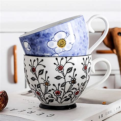 1Pc 400ml Ceramic Coffee Mug Large Tea Cup Lovely Flower Hand Painted Breakfast Milk Tea Mug ...