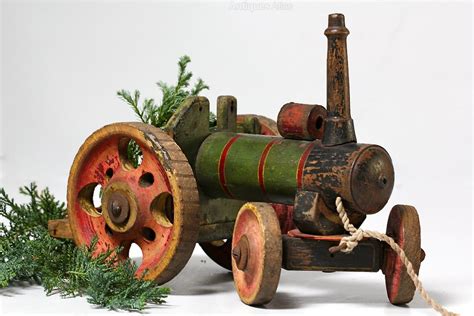 Antiques Atlas - Old Painted Wooden Toy Tractor With Trailer