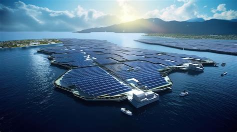 Premium AI Image | An aerial view capturing a floating solar park situated on a water surface