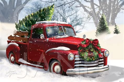 Vintage Christmas Chevy Red Truck Tree DIY Craft Digital Download Heirloom Digital Print Red ...