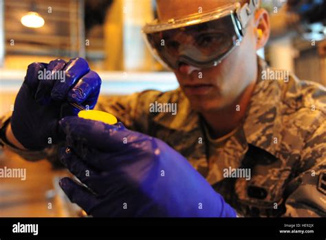 Airman 1st Class Mark Miller tests fuels at Joint Base Charleston – Air Base April 24. Fuels are ...