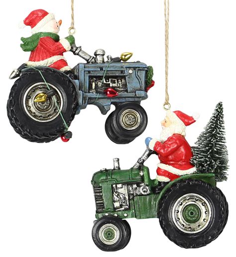 Christmas Santa and Snowman On Tractor Christmas Holiday Ornaments Set ...