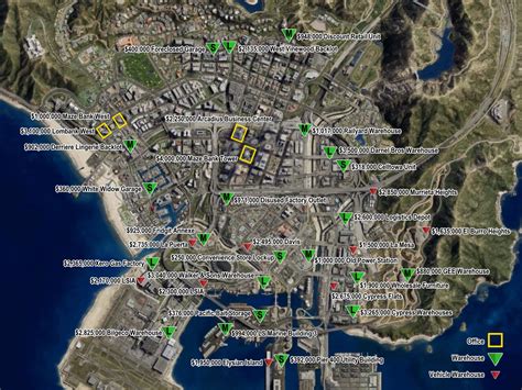 I made a map showing Office / Warehouse / Vehicle Warehouse locations and prices : r/gtaonline