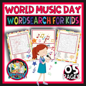 world music day activities - world music day wordsearch worksheets for kids