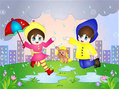 Vector Cartoon Illustration of Rainy Day with a Boy, Girl and Puppy Stock Illustration ...