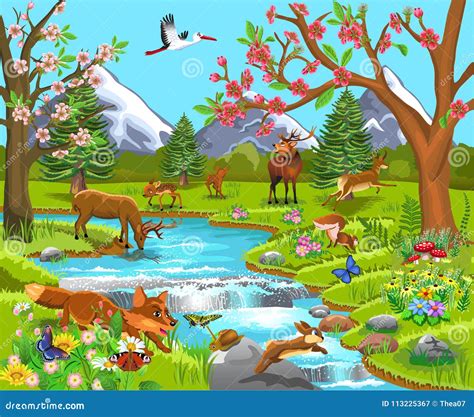 Cartoon Illustration of Wild Animals in a Spring Natural Landscape Stock Vector - Illustration ...