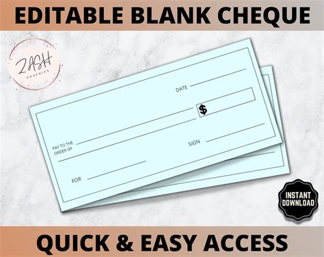 Blank Check Template Editable Bank Cheque Printable Cheque - Etsy UK