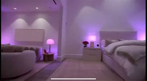 Kardashian Bedroom Decor: Purple Lighting and White Furniture