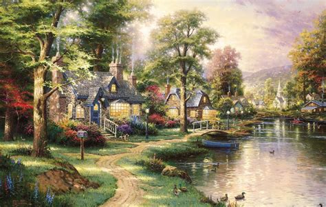 Wallpaper landscape, lake, boat, duck, picture, houses, painting, the bridge, path, beautiful ...