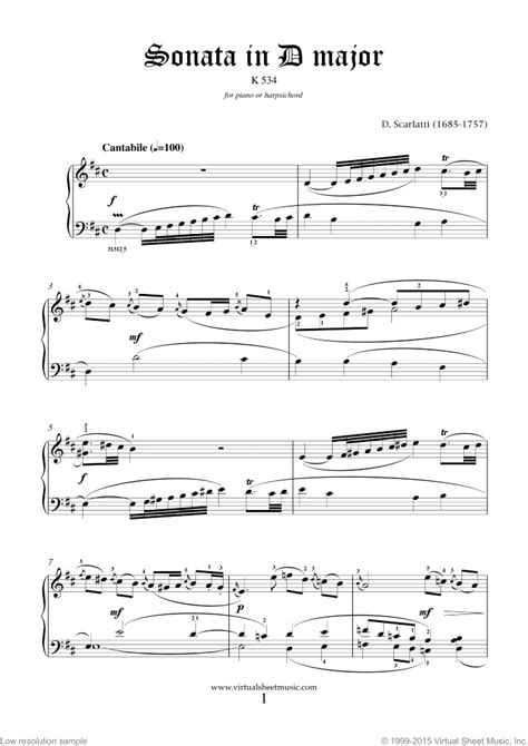 Scarlatti - Sonata in D major K 534 sheet music for piano solo (or ...