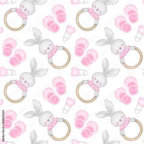 Newborn baby girl cute teether and shoes background. Nursery girl ...