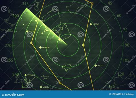 Military Radar. Control Panel For Army Aviation. Screen With Map Vector ...