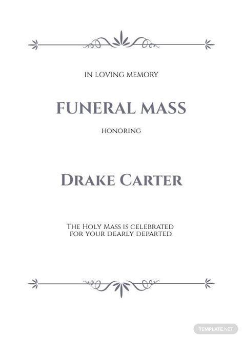 the funeral mass booklet is shown in black and white, with an ornate border around it