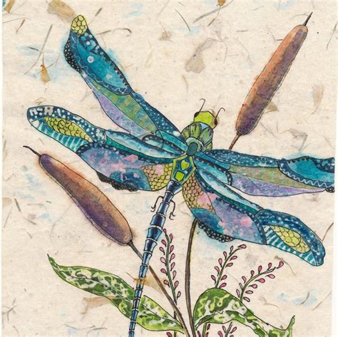 Dragonfly With Cattails Watercolor Batik Painting, Dragonfly Lover's ...