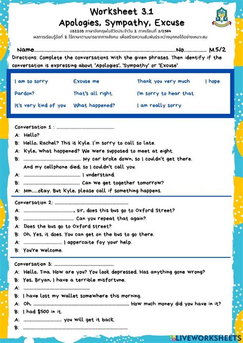 Worksheet 3.1: Apologies, Sympathy, & Excuse worksheet | Worksheets, English as a second ...