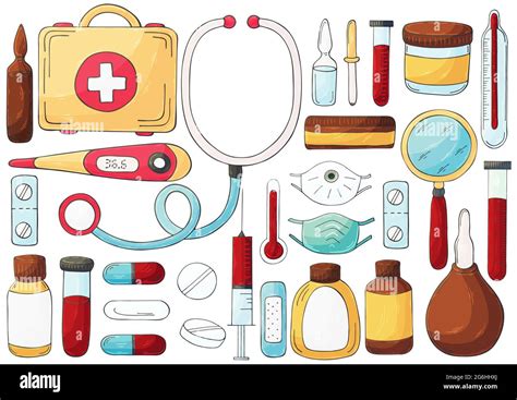 Collection of vector illustrations. Set of doctor's tools in hand draw style. Ambulance doctor ...