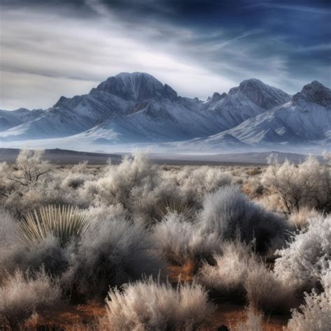 Premium Photo | A desert landscape with snow and plants and mountains ...