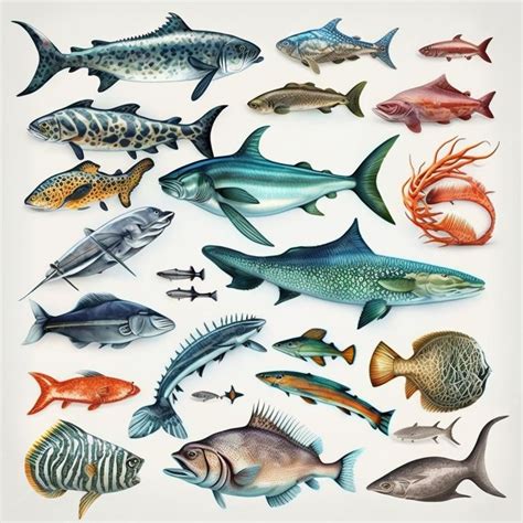 Premium AI Image | A group of different types of fish on a white ...