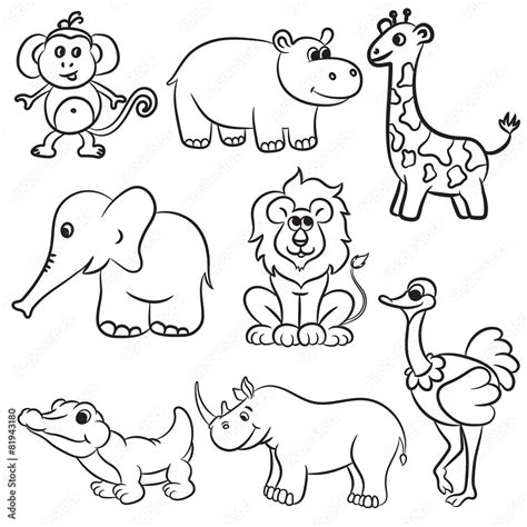 Poster Cute outlined zoo animals collection. Vector illustration ...