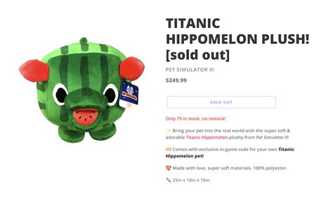 Roblox Pet Simulator X Titanic Hippomelon Plush