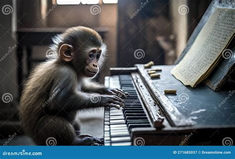 A Small Monkey Playing Piano In The Old Warehouse, Side View In The Morning, Generative AI ...