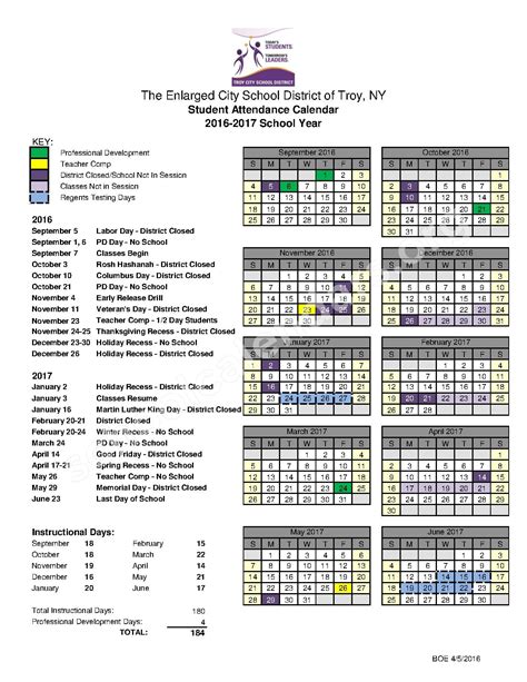 2016 - 2017 Student Calendar | Troy City School District – Troy, NY