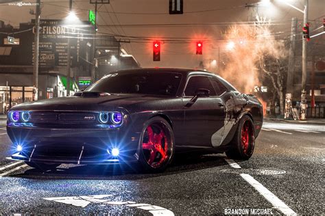 Stanced SRT Challenger With Red Custom Wheels by Avant Garde | Srt challenger, Custom wheels ...