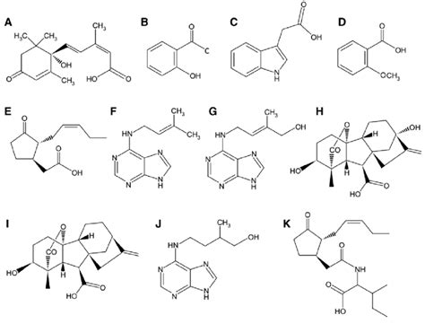 Structure of phytohormones. (A) Abscisic acid, (B) salicylic acid, (C)... | Download Scientific ...