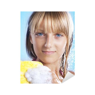 Sticker Teenage Girl Taking a Shower. Washing Hair - PIXERS.UK