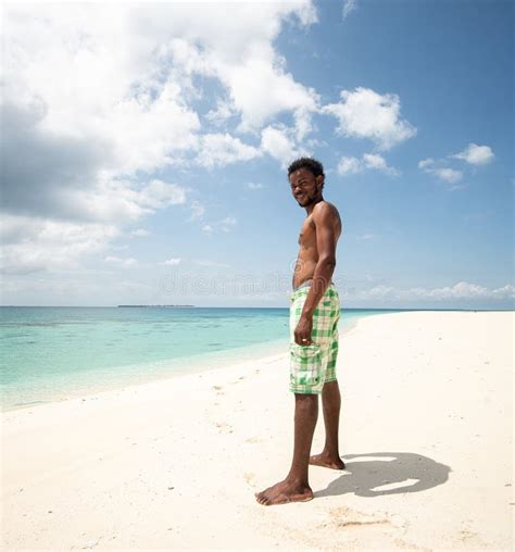 Black African Young Man Walking on Tropical Beach Stock Photo - Image ...