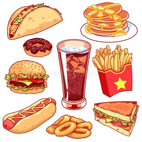 Set Of Cartoon Fast-food Icons On White Background. Stock Vector ...