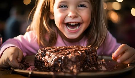 Premium AI Image | Happy smiling girl eating a chocolate cake