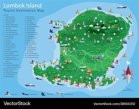 Lombok island tourist destination map Royalty Free Vector