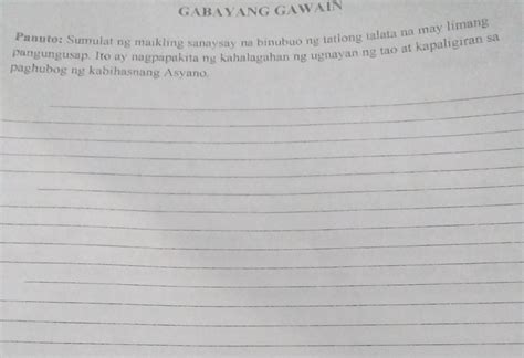 Sumulat ng maikling sanaysay na binubuo ng tatlong talata na may limang pangungusap. Ito ay ...