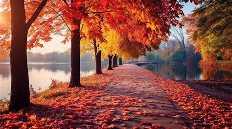 Premium AI Image | A path in the park with autumn leaves