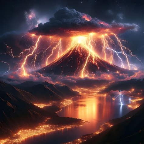 Premium Photo | Frances Cantal Volcano explodes with lightning thunder 8k art