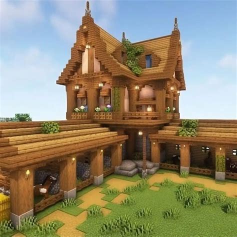 a large wooden house with lots of windows and plants on the roof is shown in this minecraft image