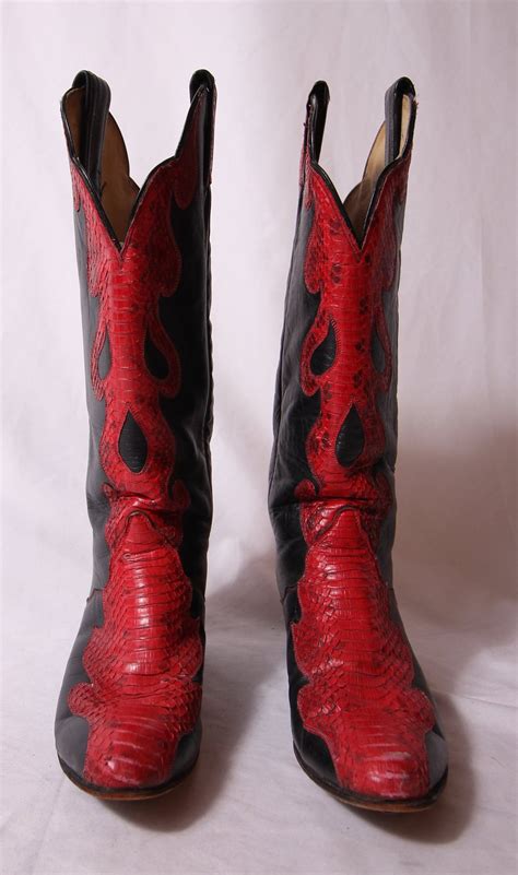 Vintage 'Tony Lama' Black Leather and Red Python Snake Skin Tall Cowboy Boots | Flames | Rocker ...