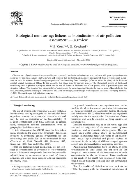 (PDF) Biological monitoring: lichens as bioindicators of air pollution assessment Ð a review ...