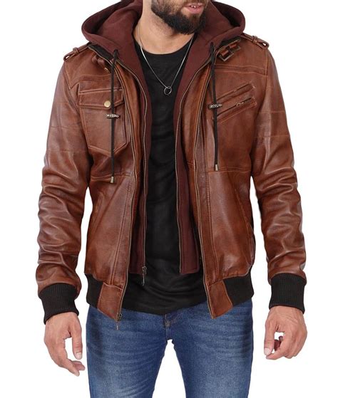 Mens Brown Leather Bomber Jacket With Hood - Free Shipping