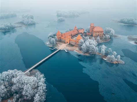 aerial view, castle, Lithuania, island, winter, mist, Trakai Island Castle, ice, frost, Trakai ...