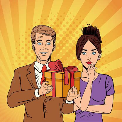 Pop Art Business Couple With Present Cartoon Stock Illustration - Download Image Now - Adult ...